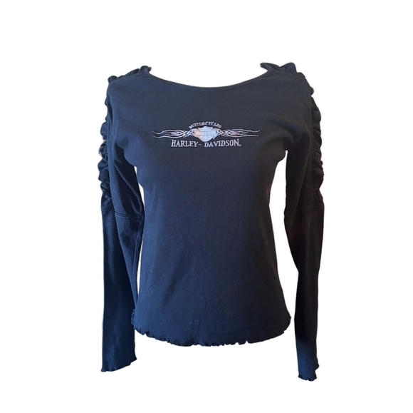 Vintage Harley-Davidson Ruffle Sleeve Long Sleeve Tee | Y2K Grunge Biker Babe - Picture 1 of 4